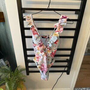 Floral One-Piece Swimsuit – Light Blue – Ruffle Strap – Size L